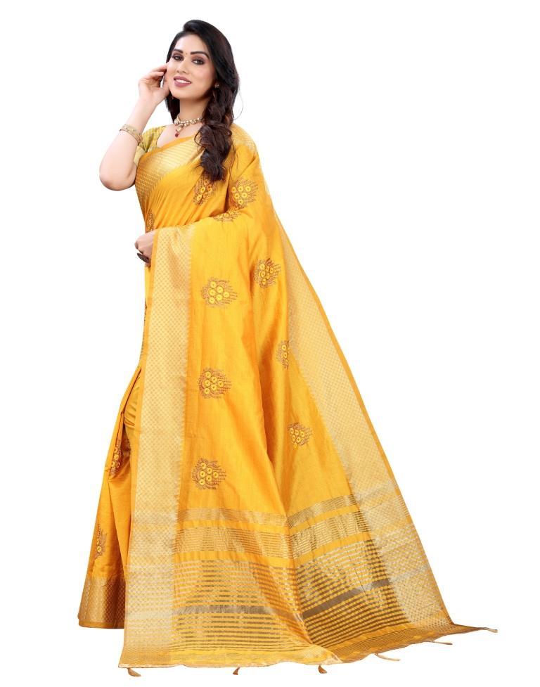Mustard Yellow Embroidered Silk Saree | Sudathi