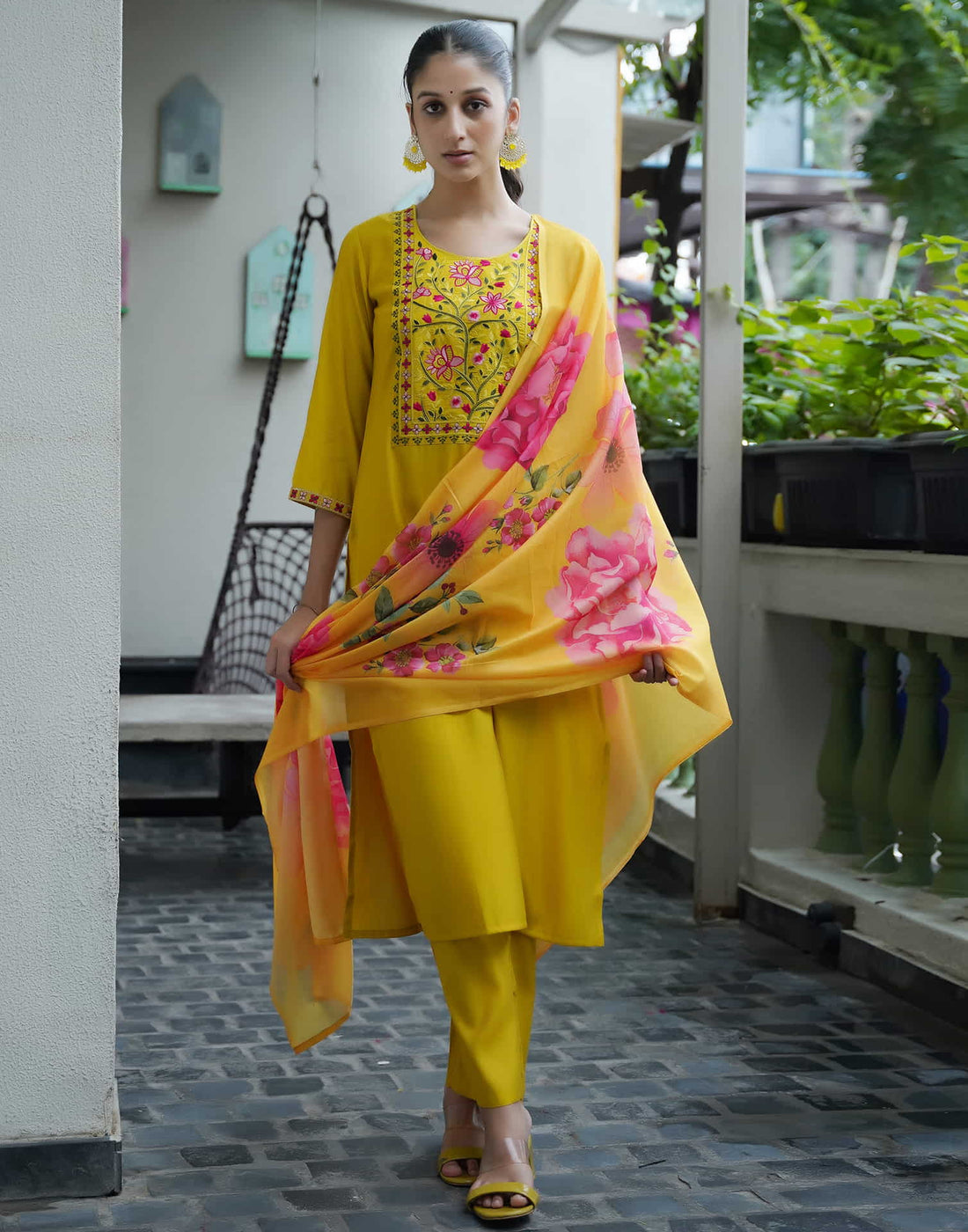 Yellow Silk Embroidery Straight Kurta Set With Dupatta