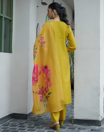 Yellow Silk Embroidery Straight Kurta Set With Dupatta