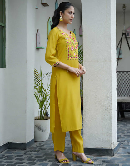 Yellow Silk Embroidery Straight Kurta Set With Dupatta