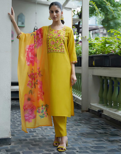 Yellow Silk Embroidery Straight Kurta Set With Dupatta