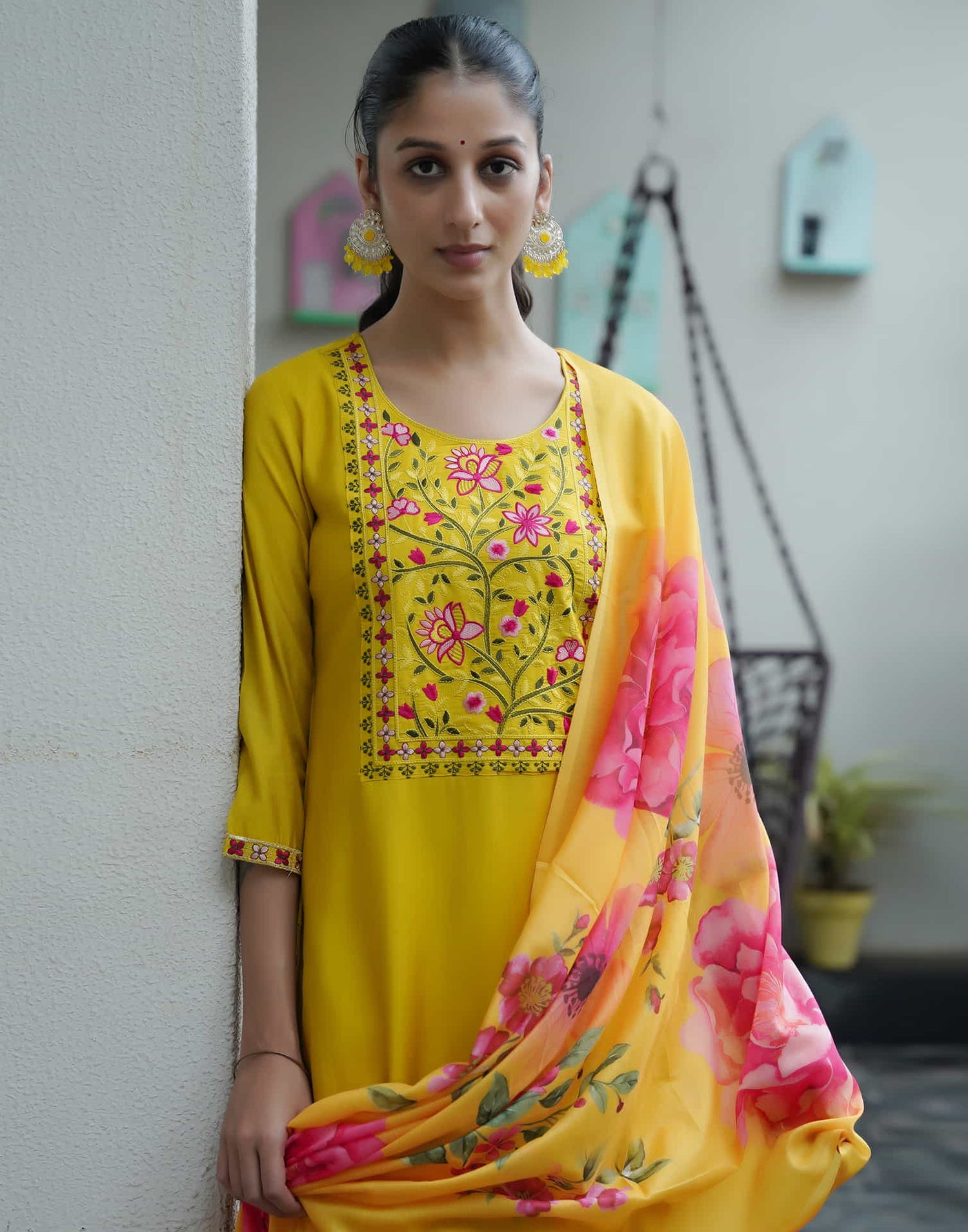 Yellow Silk Embroidery Straight Kurta Set With Dupatta