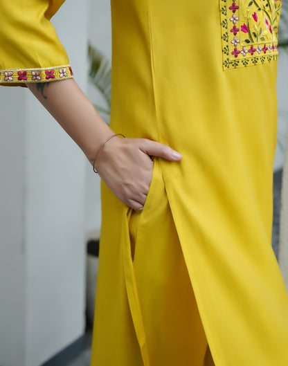 Yellow Silk Embroidery Straight Kurta Set With Dupatta