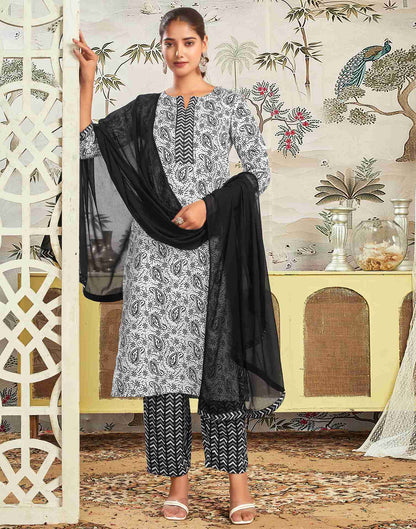 White Rayon Printed Straight Kurta Set With Dupatta