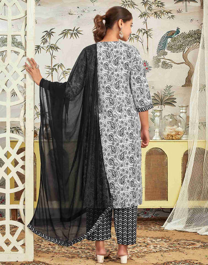 White Rayon Printed Straight Kurta Set With Dupatta