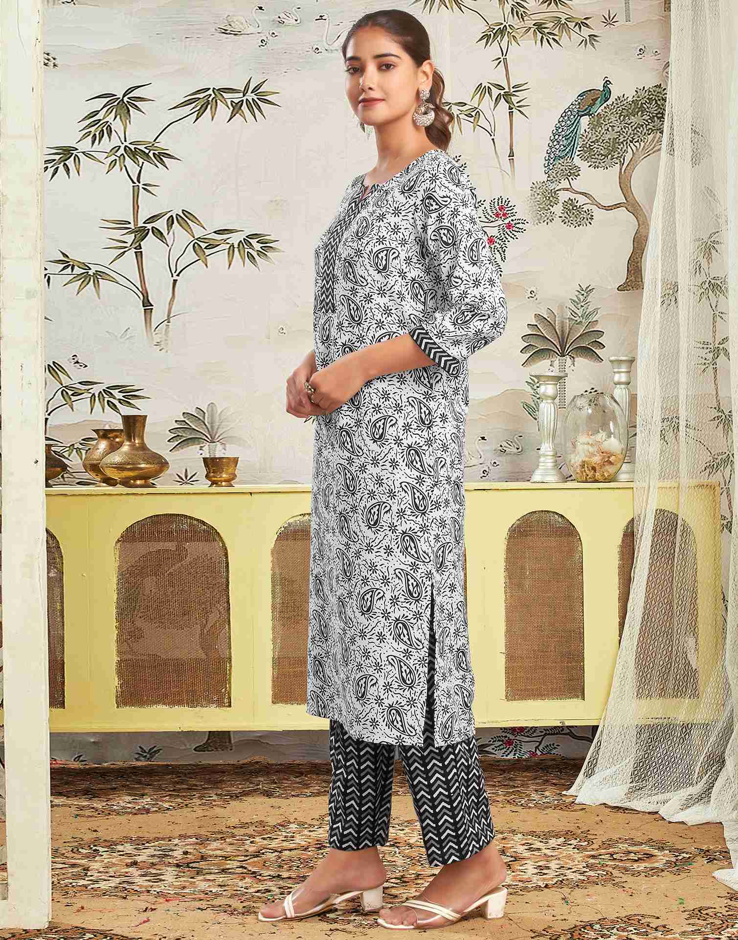 White Rayon Printed Straight Kurta Set With Dupatta