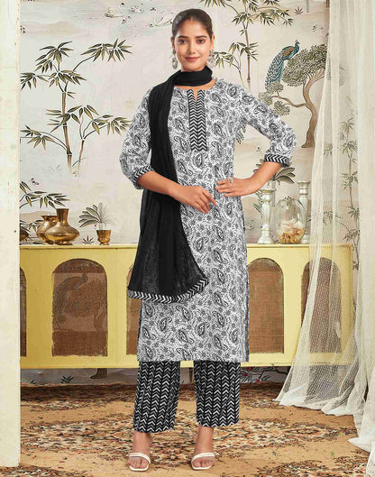 White Rayon Printed Straight Kurta Set With Dupatta