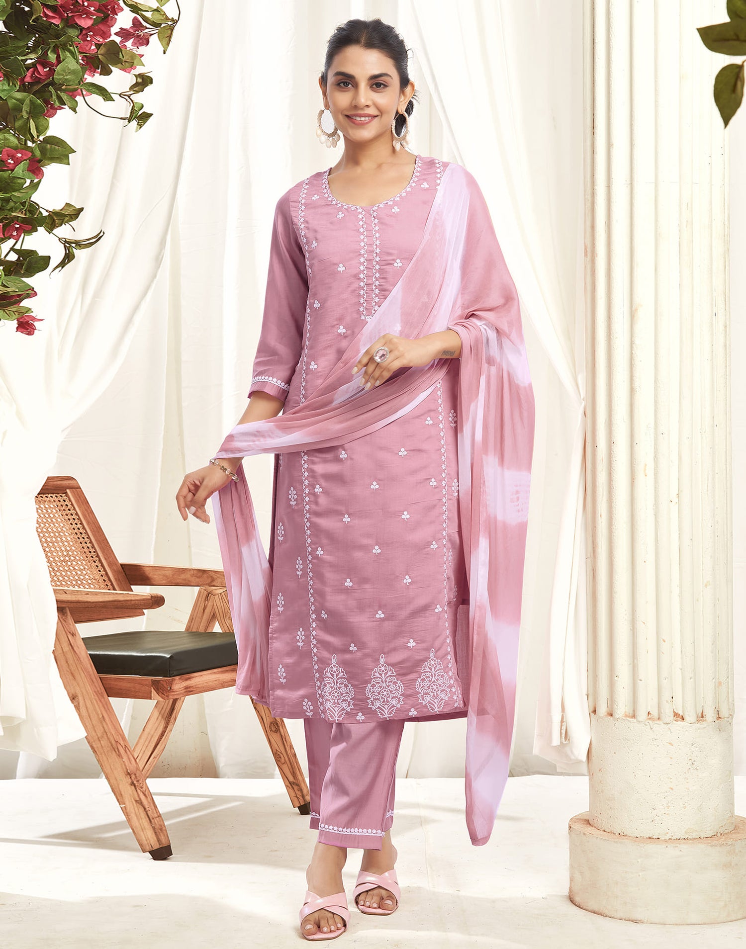 Pink Silk Embroidery Straight Kurta Set  With Dupatta