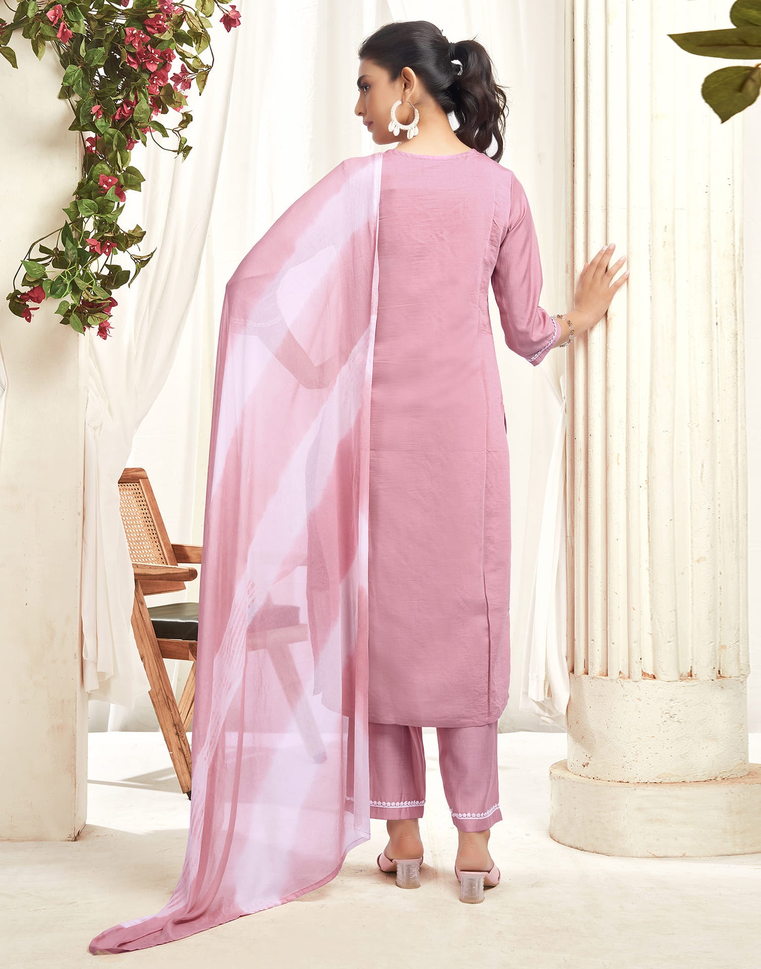 Pink Silk Embroidery Straight Kurta Set  With Dupatta