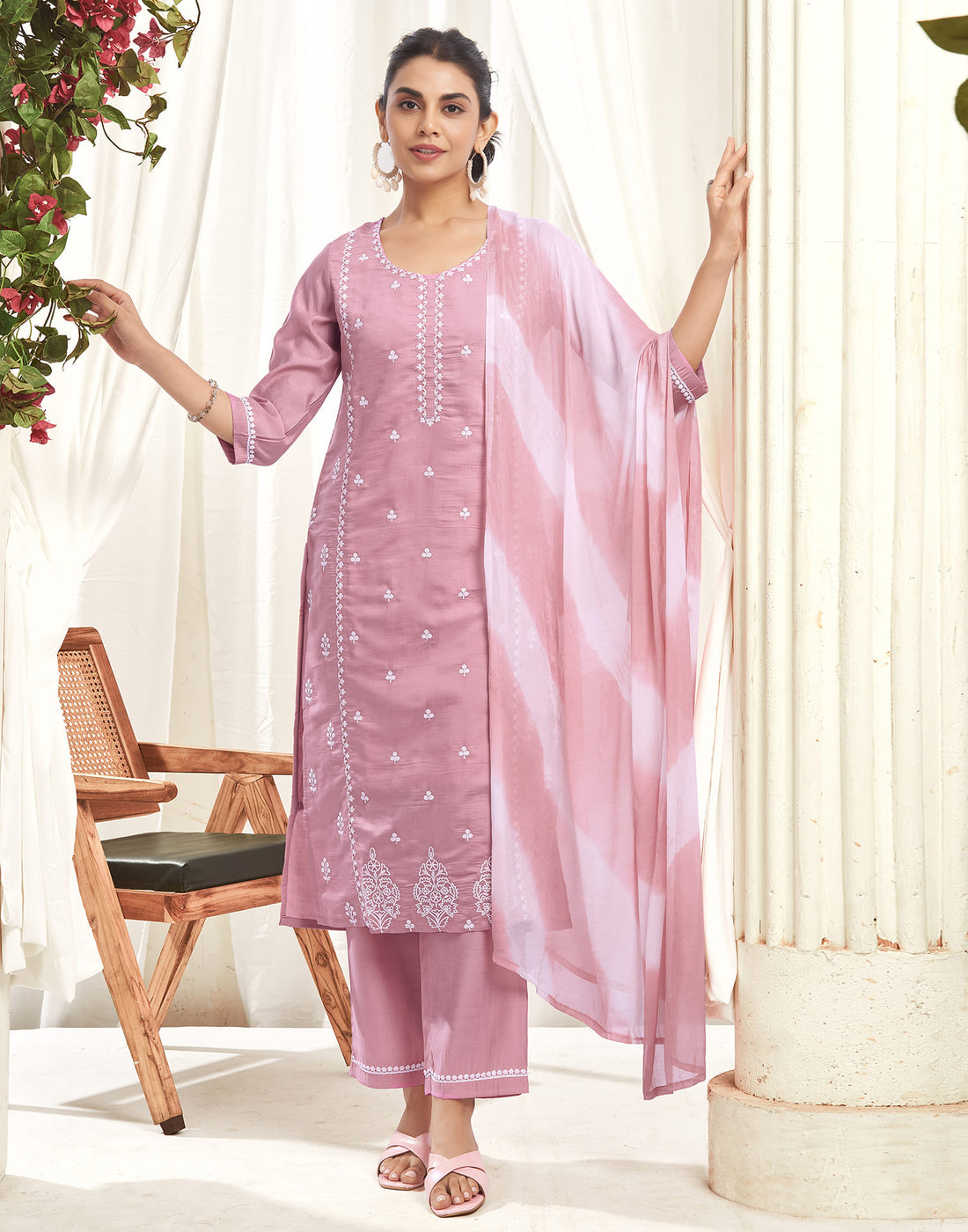 Pink Silk Embroidery Straight Kurta Set  With Dupatta