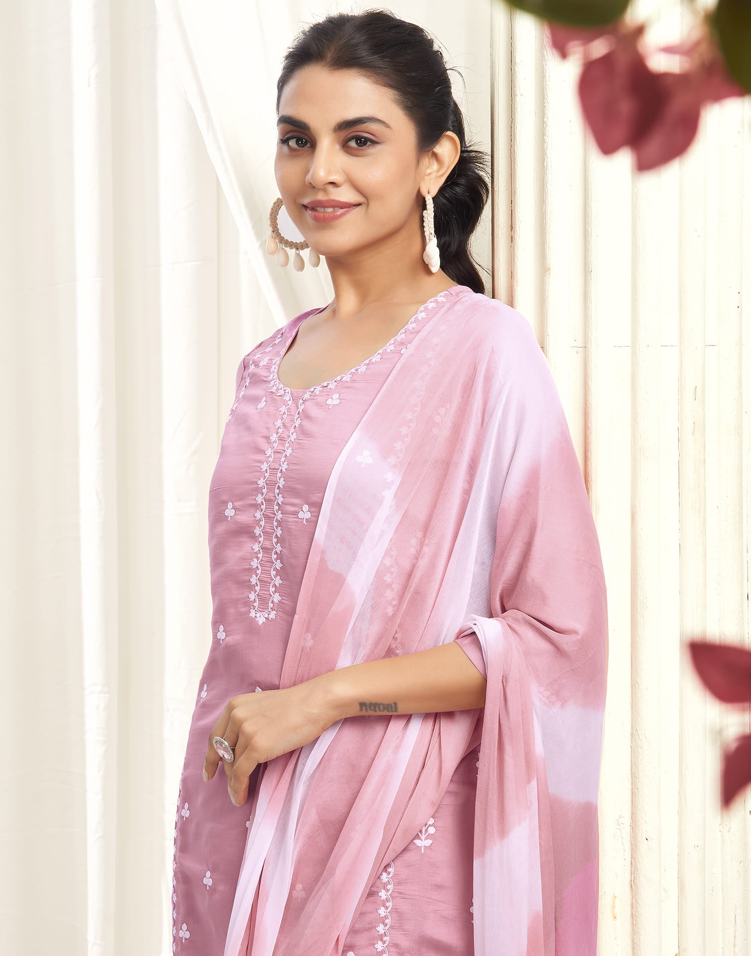 Pink Silk Embroidery Straight Kurta Set  With Dupatta