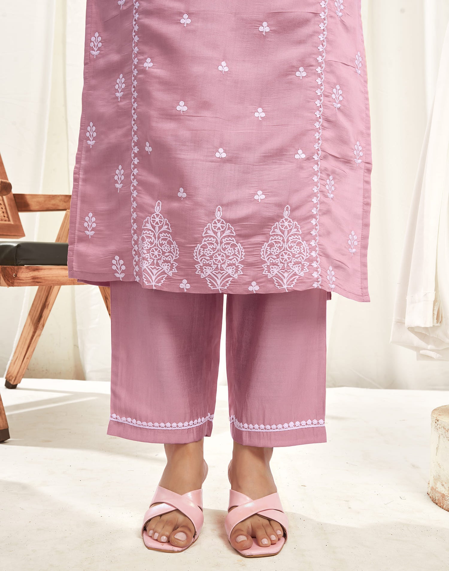 Pink Silk Embroidery Straight Kurta Set  With Dupatta