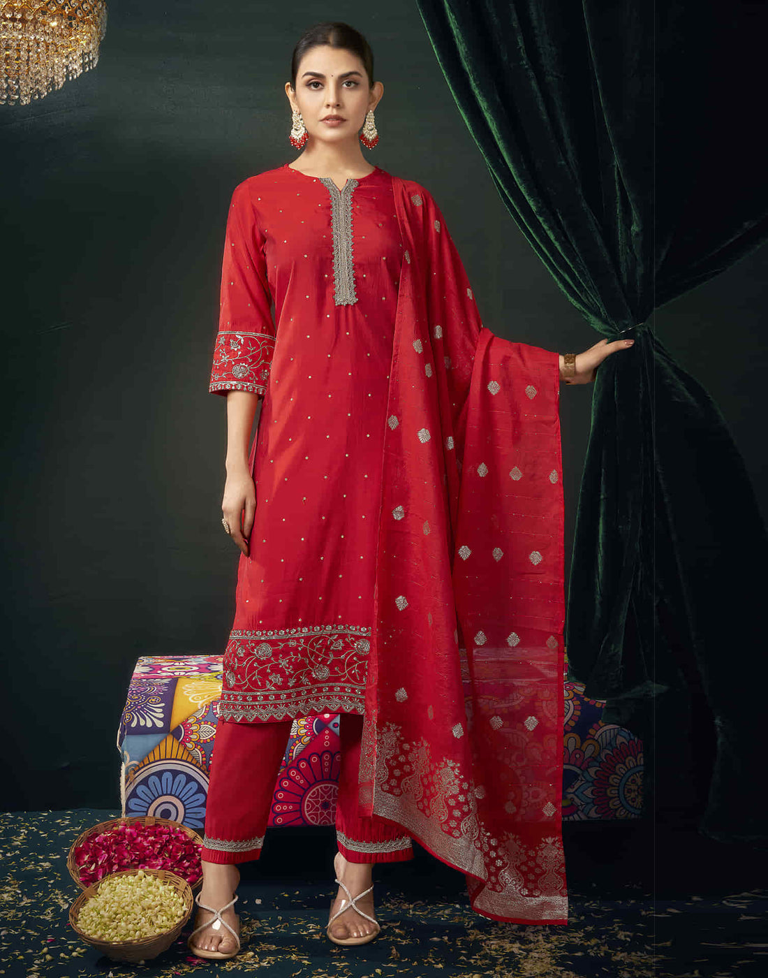 Red Cotton Sequence Straight Kurta Set with Dupatta