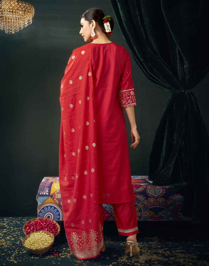 Red Cotton Sequence Straight Kurta Set with Dupatta