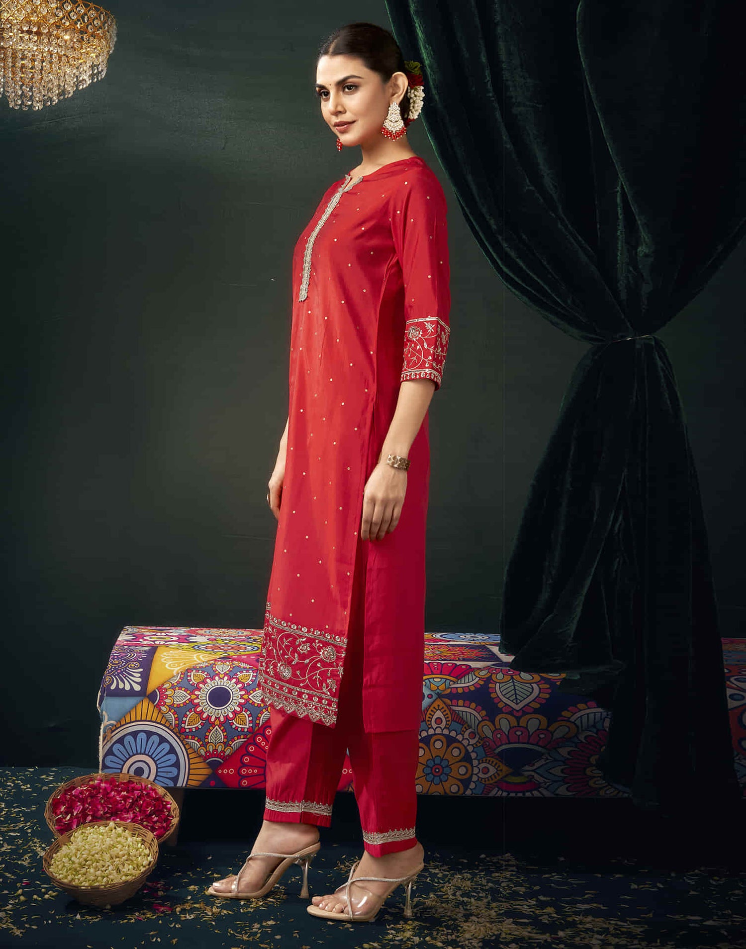 Red Cotton Sequence Straight Kurta Set with Dupatta