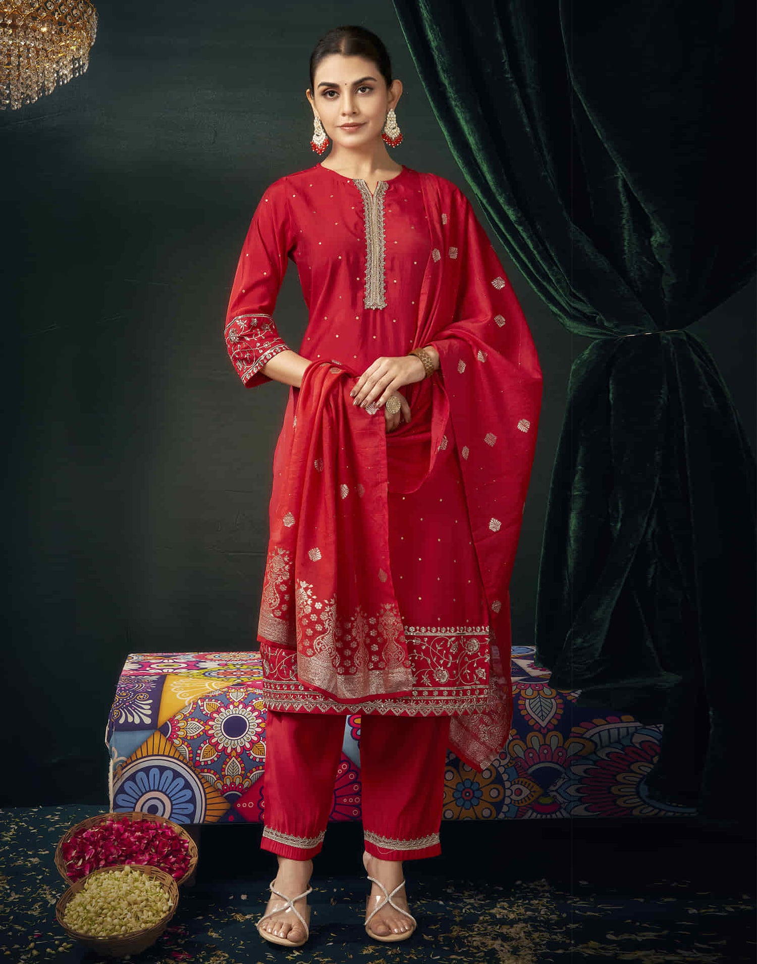 Red Cotton Sequence Straight Kurta Set with Dupatta