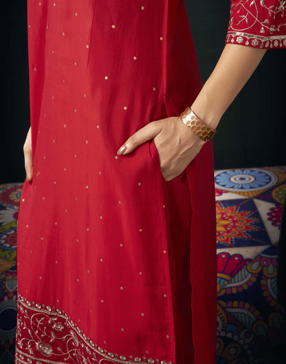 Red Cotton Sequence Straight Kurta Set with Dupatta