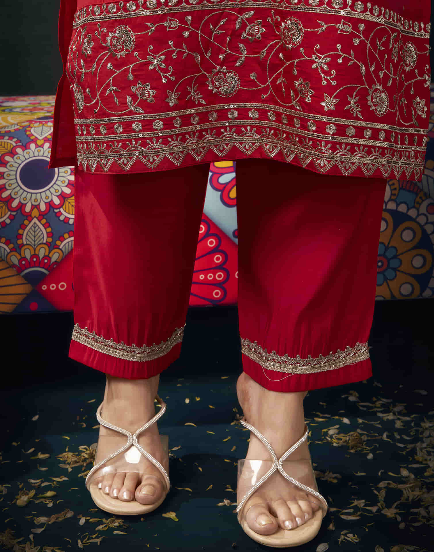 Red Cotton Sequence Straight Kurta Set with Dupatta