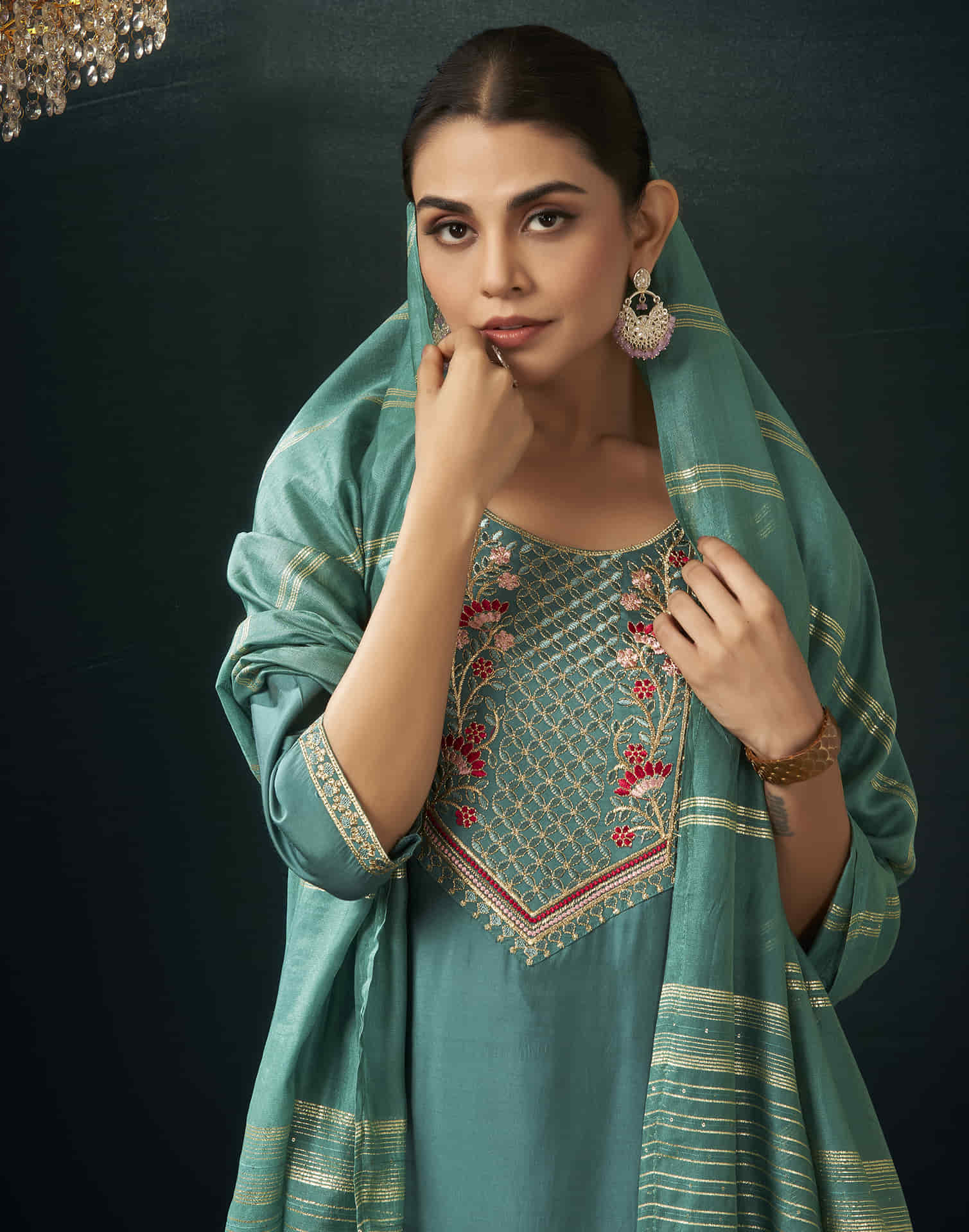 Dusty Teal Green Silk  Embroidery Straight Kurta Set with Dupatta