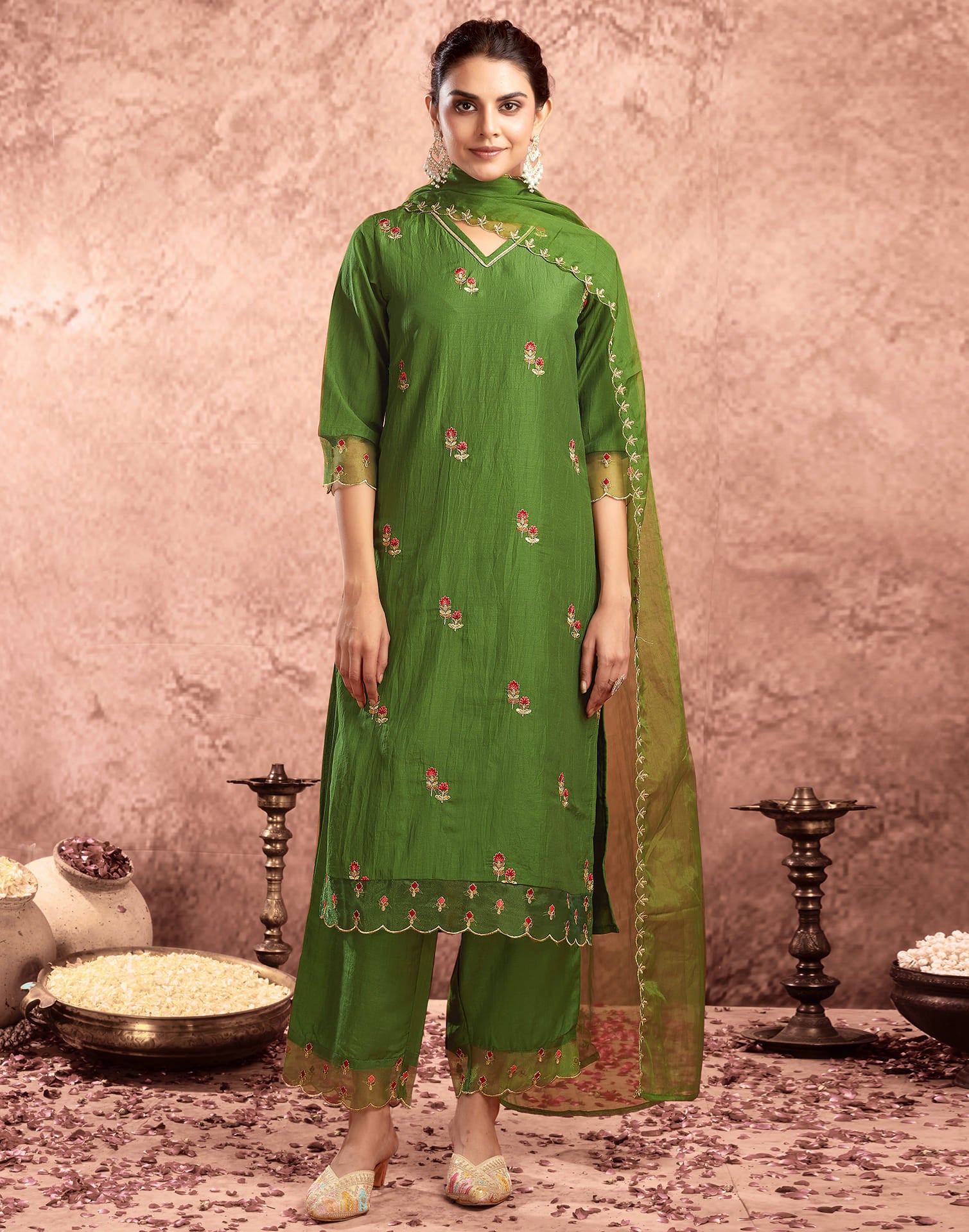 Green Chinnon Embroidery Straight Kurta Set  With Dupatta