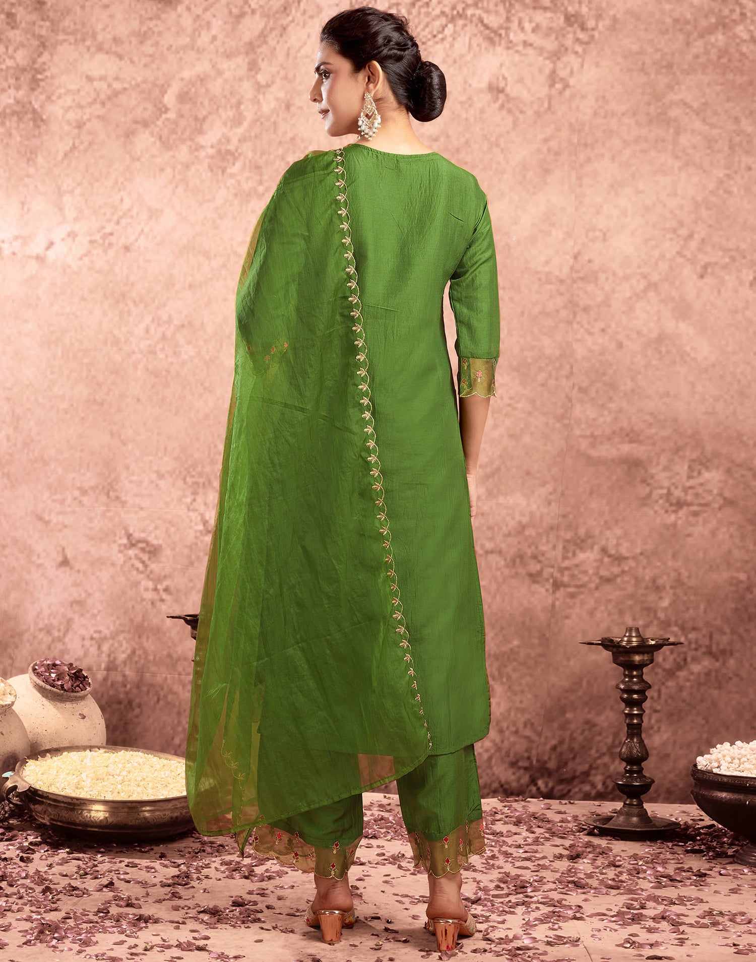 Green Chinnon Embroidery Straight Kurta Set  With Dupatta