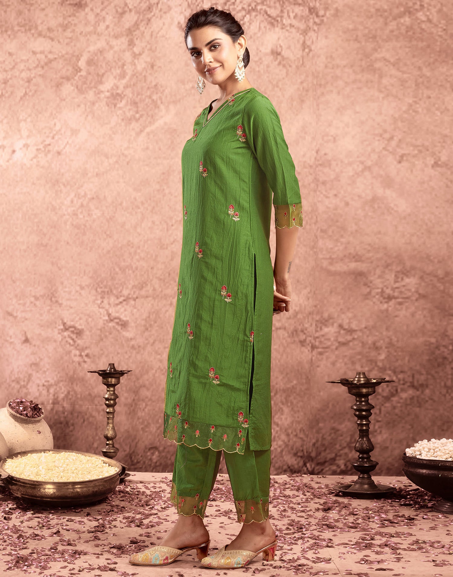 Green Chinnon Embroidery Straight Kurta Set  With Dupatta