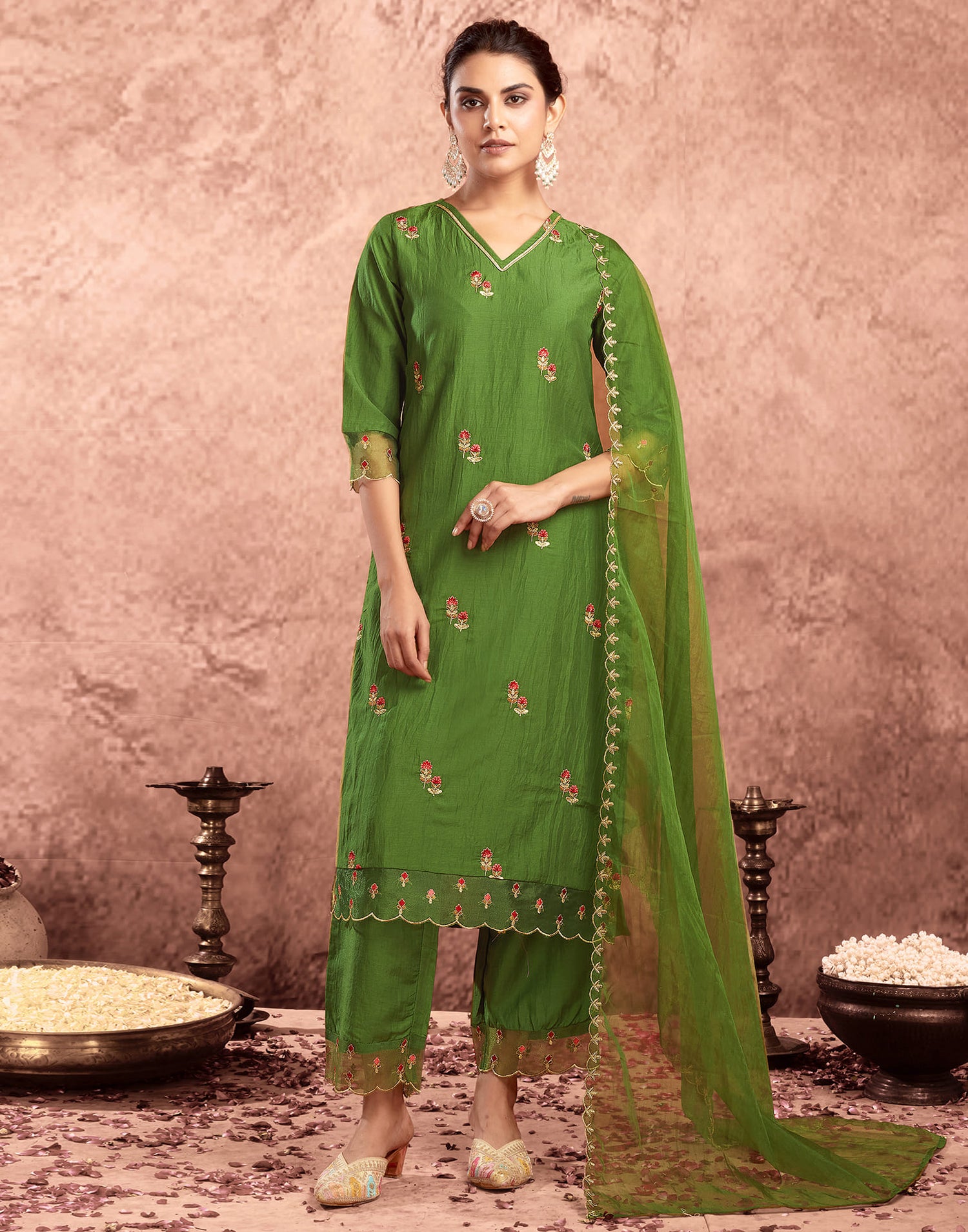 Green Chinnon Embroidery Straight Kurta Set  With Dupatta