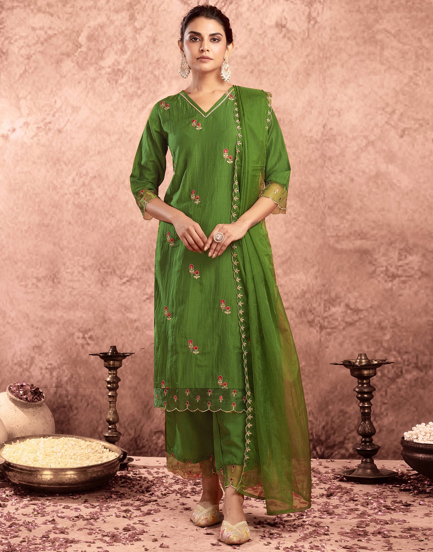 Green Chinnon Embroidery Straight Kurta Set  With Dupatta