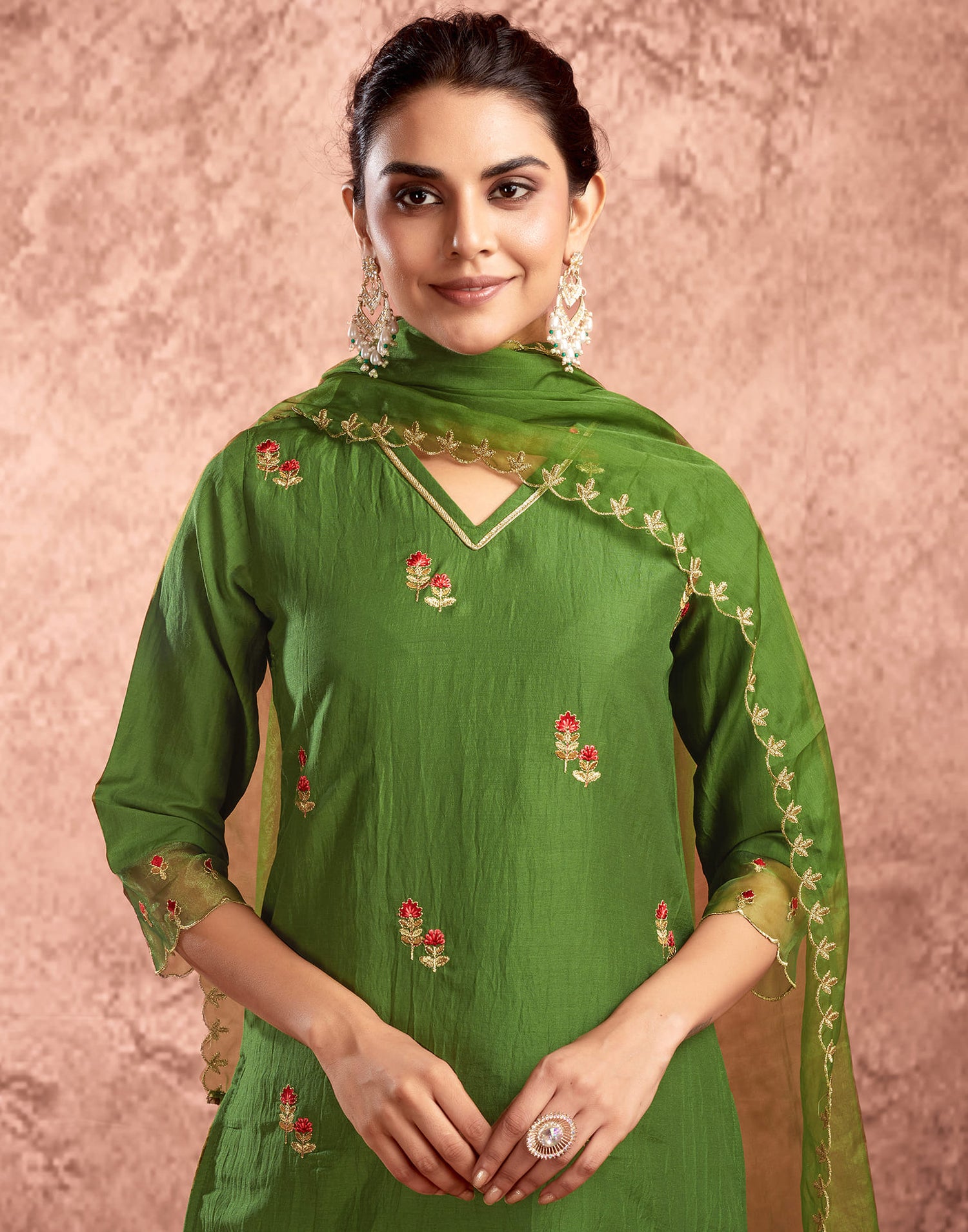 Green Chinnon Embroidery Straight Kurta Set  With Dupatta