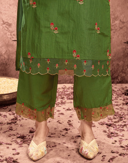 Green Chinnon Embroidery Straight Kurta Set  With Dupatta