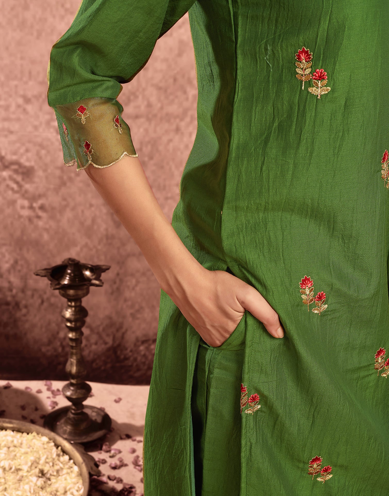 Green Chinnon Embroidery Straight Kurta Set  With Dupatta