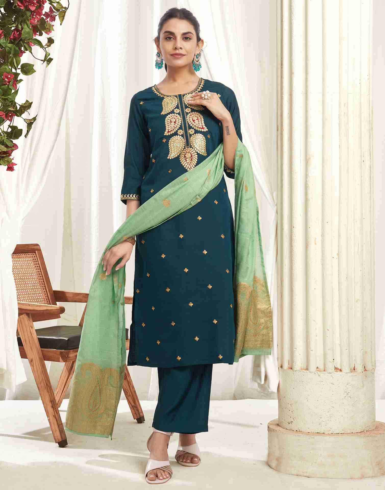 Rama Blue Silk Embroidery Straight Kurta With Pant And Dupatta