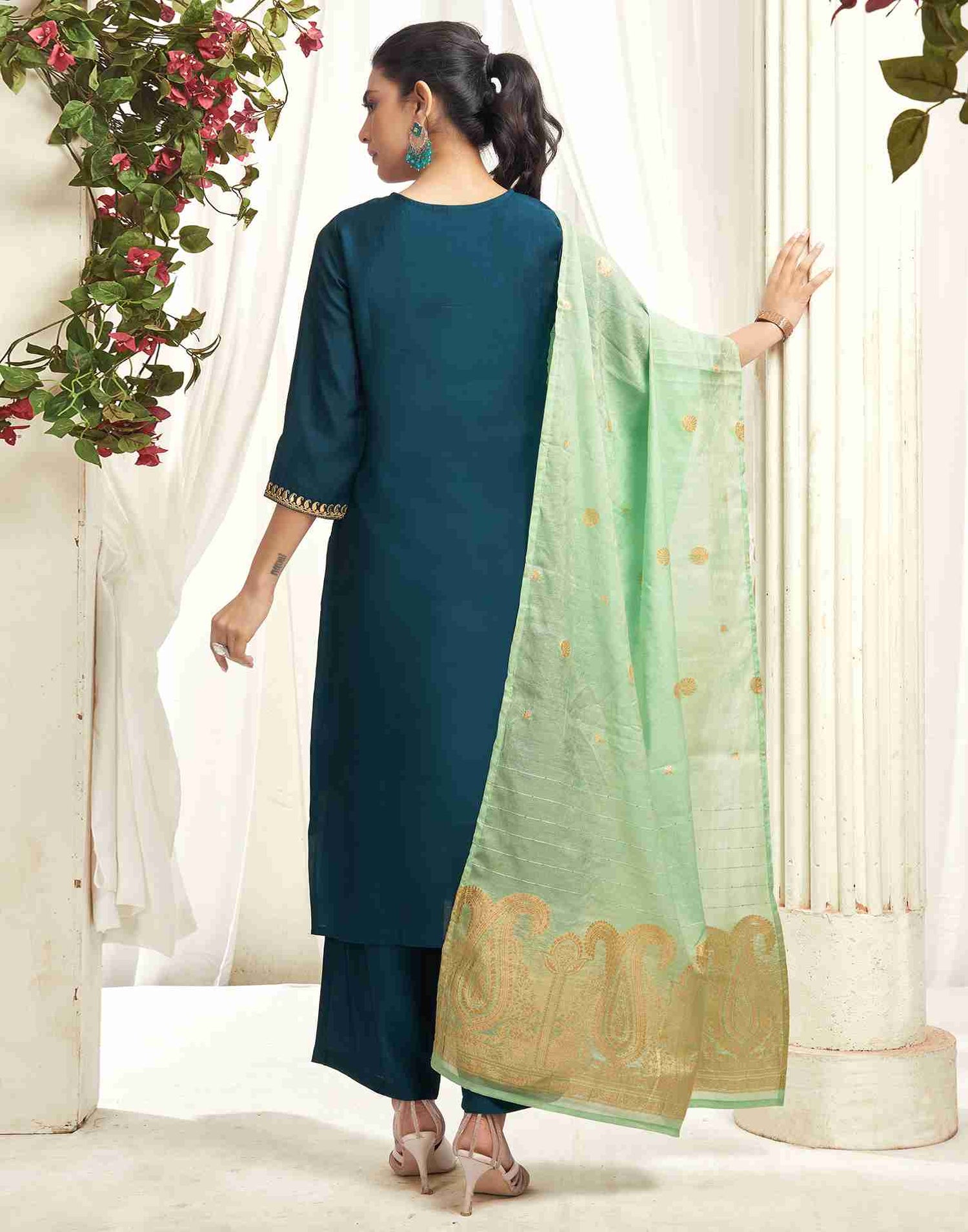 Rama Blue Silk Embroidery Straight Kurta With Pant And Dupatta