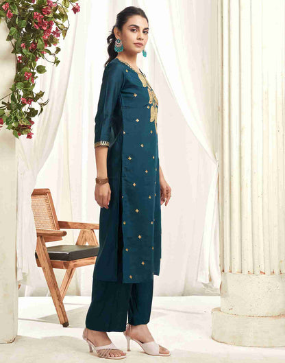 Rama Blue Silk Embroidery Straight Kurta With Pant And Dupatta