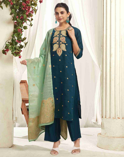 Rama Blue Silk Embroidery Straight Kurta With Pant And Dupatta