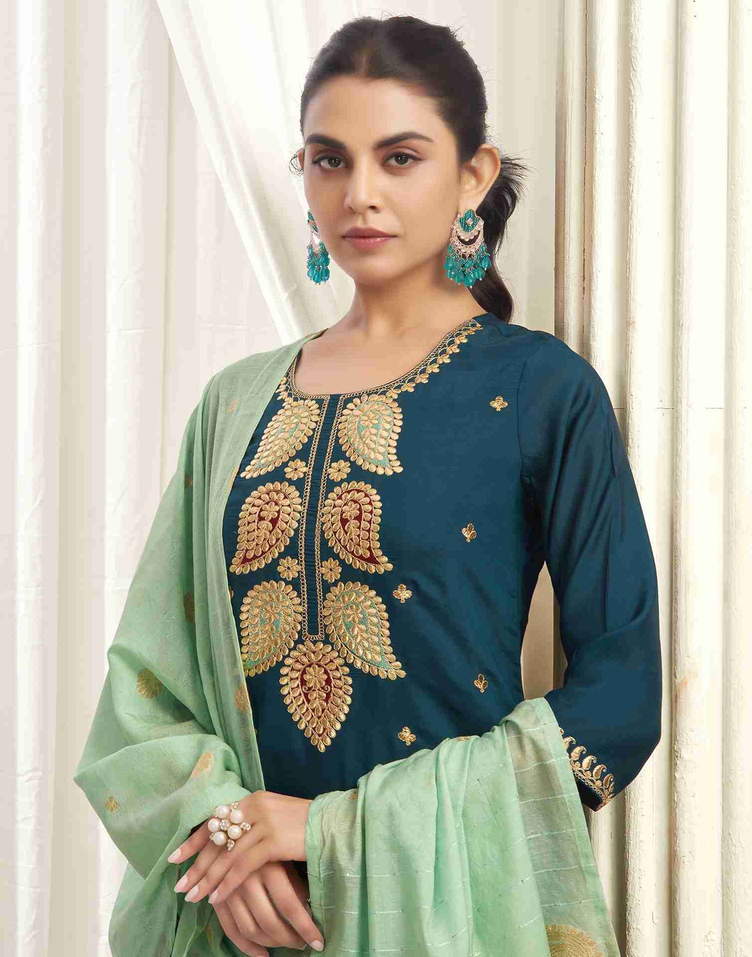 Rama Blue Silk Embroidery Straight Kurta With Pant And Dupatta