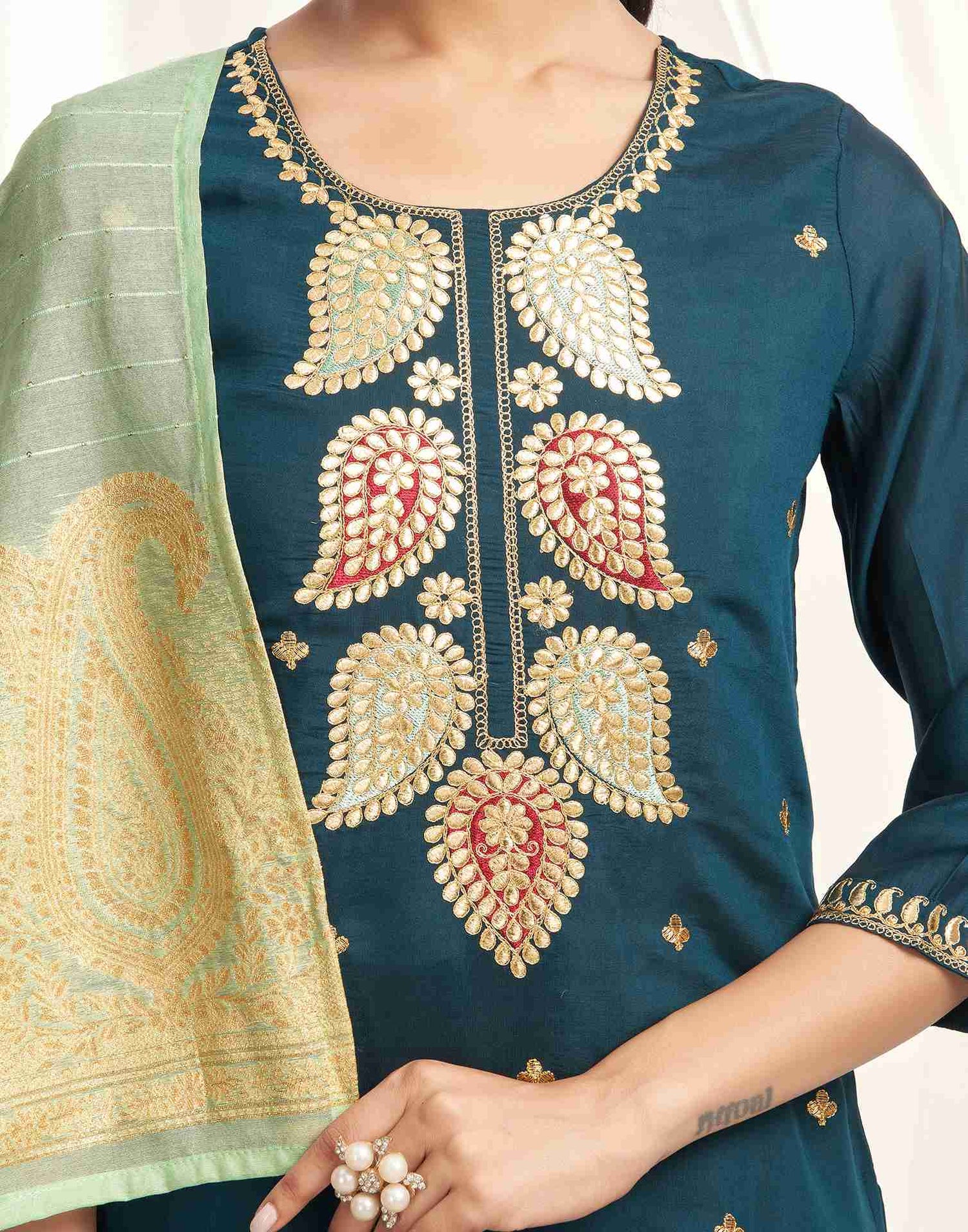 Rama Blue Silk Embroidery Straight Kurta With Pant And Dupatta