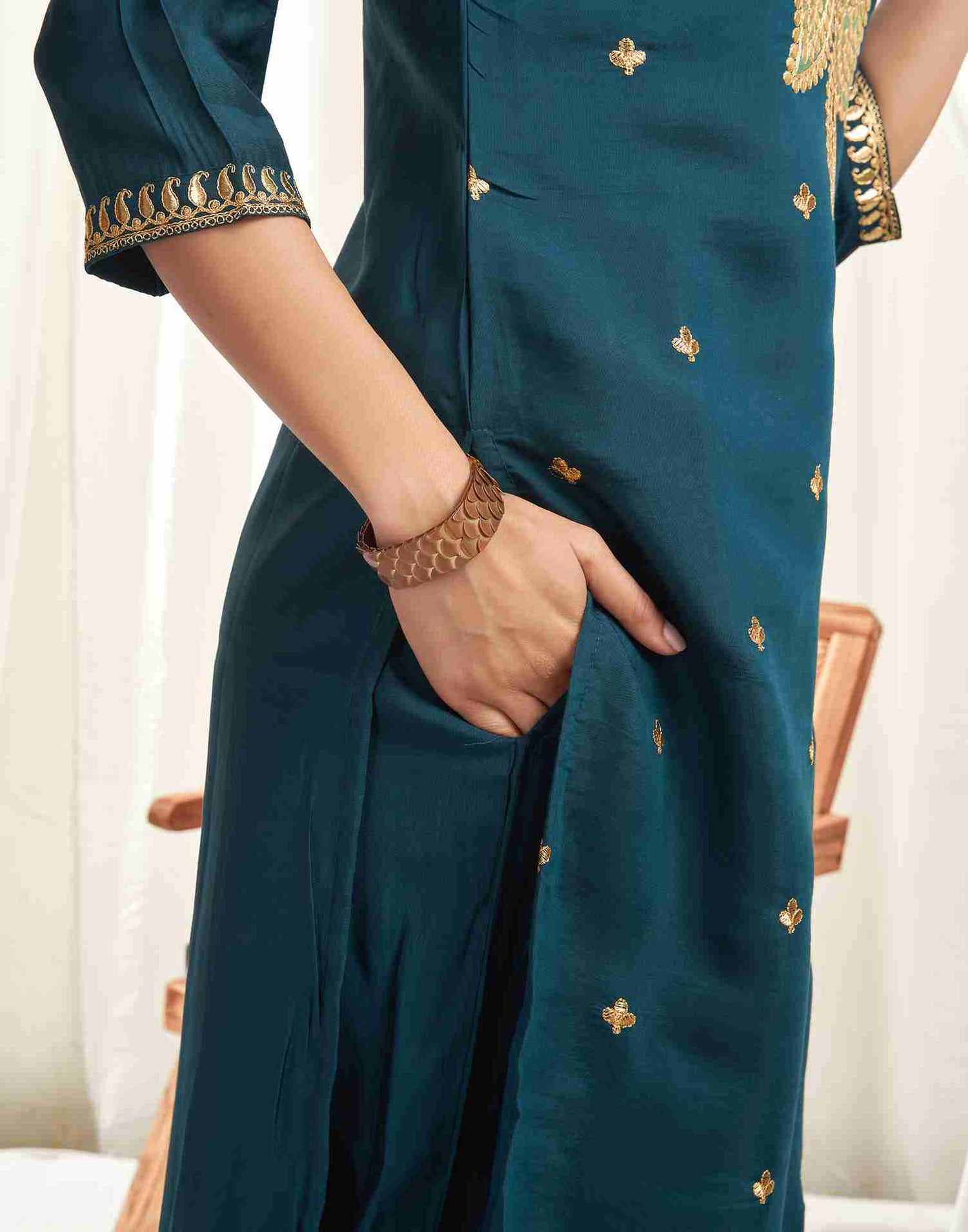 Rama Blue Silk Embroidery Straight Kurta With Pant And Dupatta