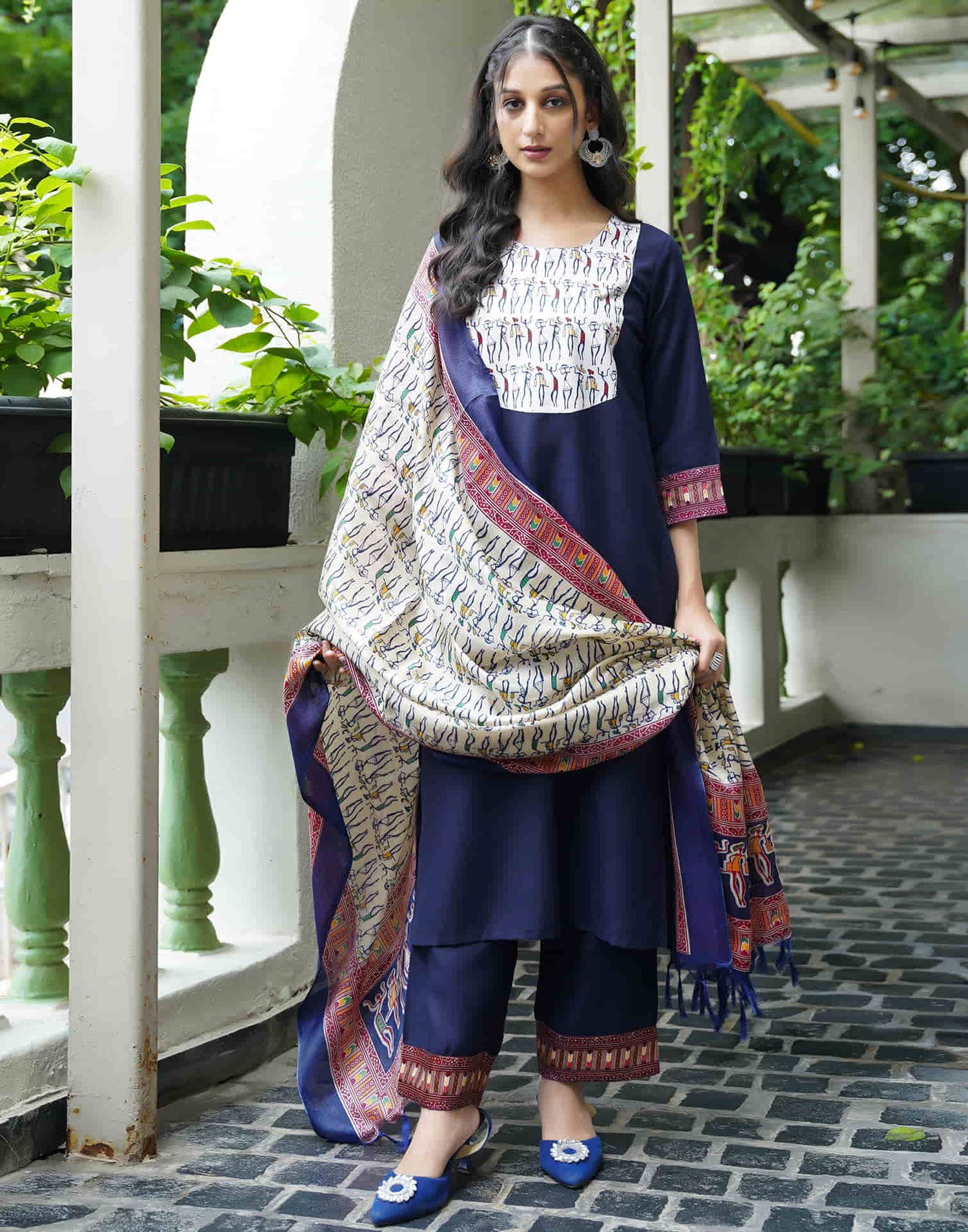 Navy Blue Cotton Printed  Straight Kurta Set With Dupatta