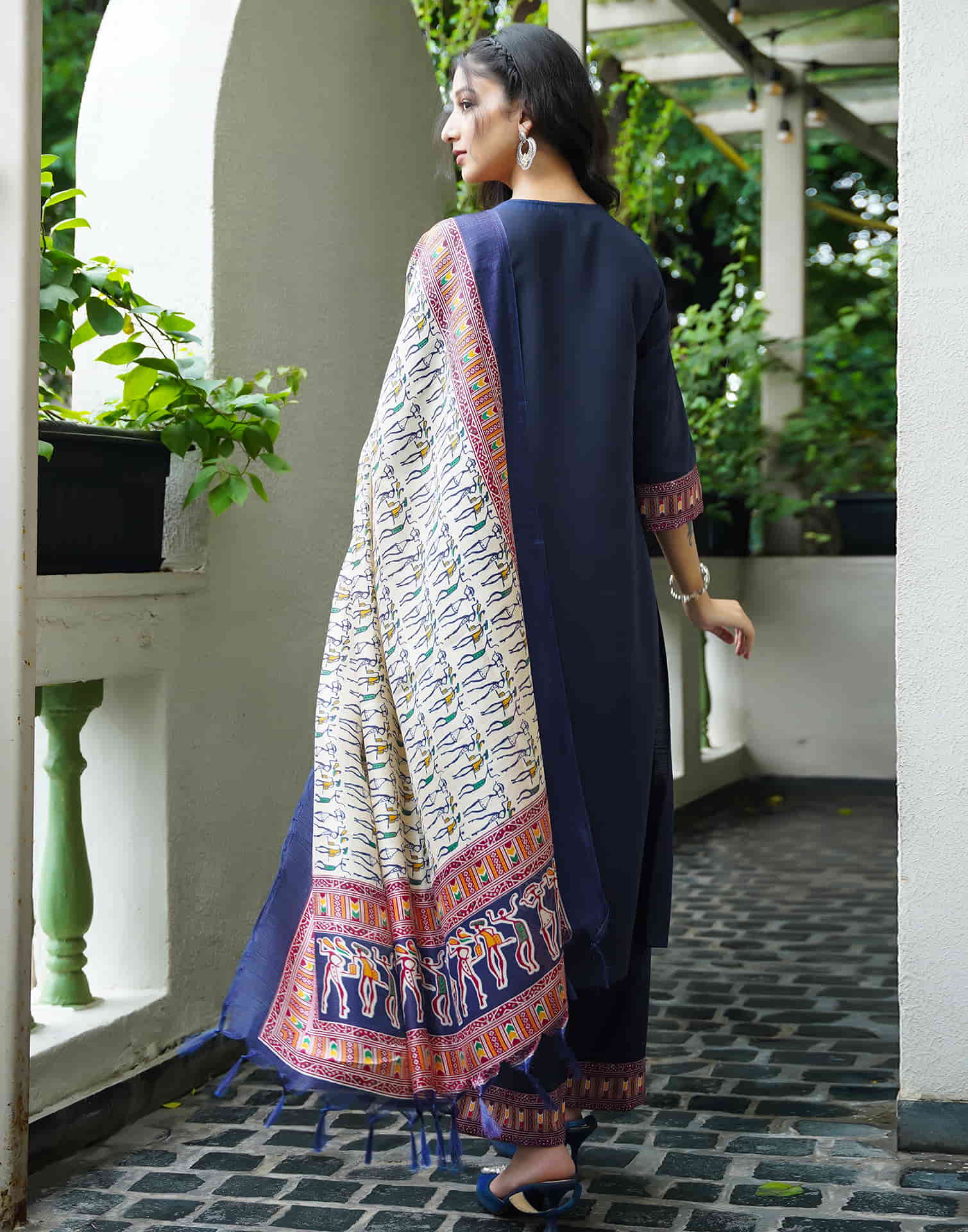 Navy Blue Cotton Printed  Straight Kurta Set With Dupatta