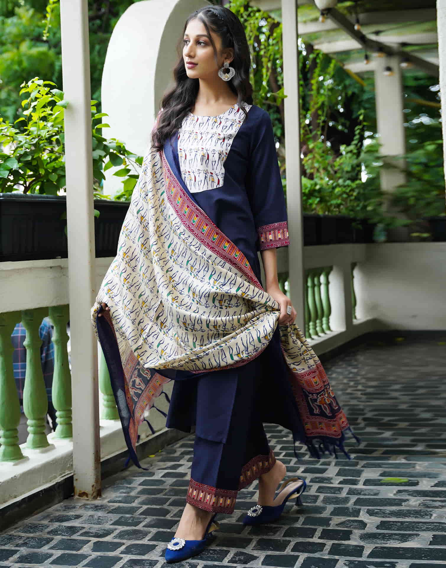 Navy Blue Cotton Printed  Straight Kurta Set With Dupatta