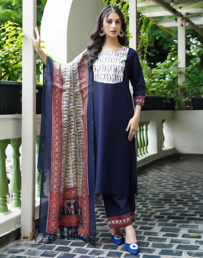 Navy Blue Cotton Printed  Straight Kurta Set With Dupatta