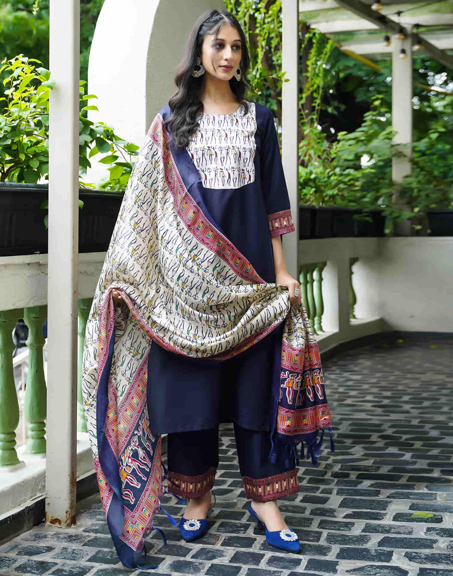 Navy Blue Cotton Printed  Straight Kurta Set With Dupatta