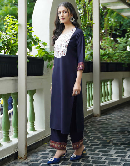 Navy Blue Cotton Printed  Straight Kurta Set With Dupatta