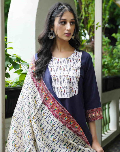 Navy Blue Cotton Printed  Straight Kurta Set With Dupatta