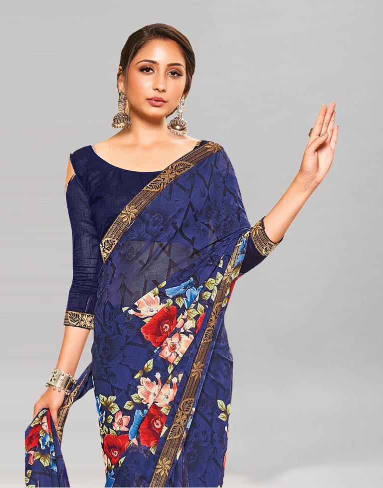 Navy Blue Coloured Georgette Floral Printed Casual saree | Sudathi