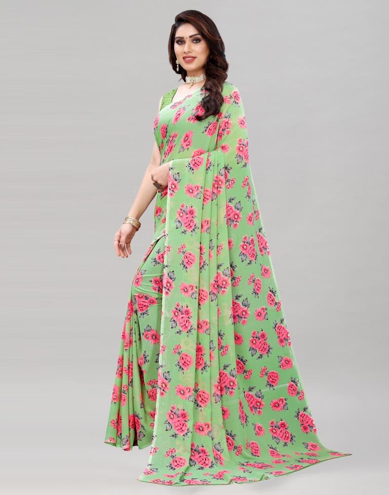 Olive Green Coloured Georgette Floral Printed Casual saree | Sudathi