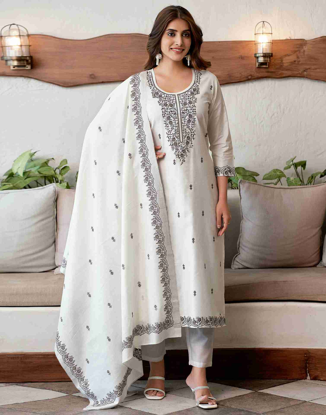 Off White Cotton Woven Straight Kurta With Pant And Dupatta