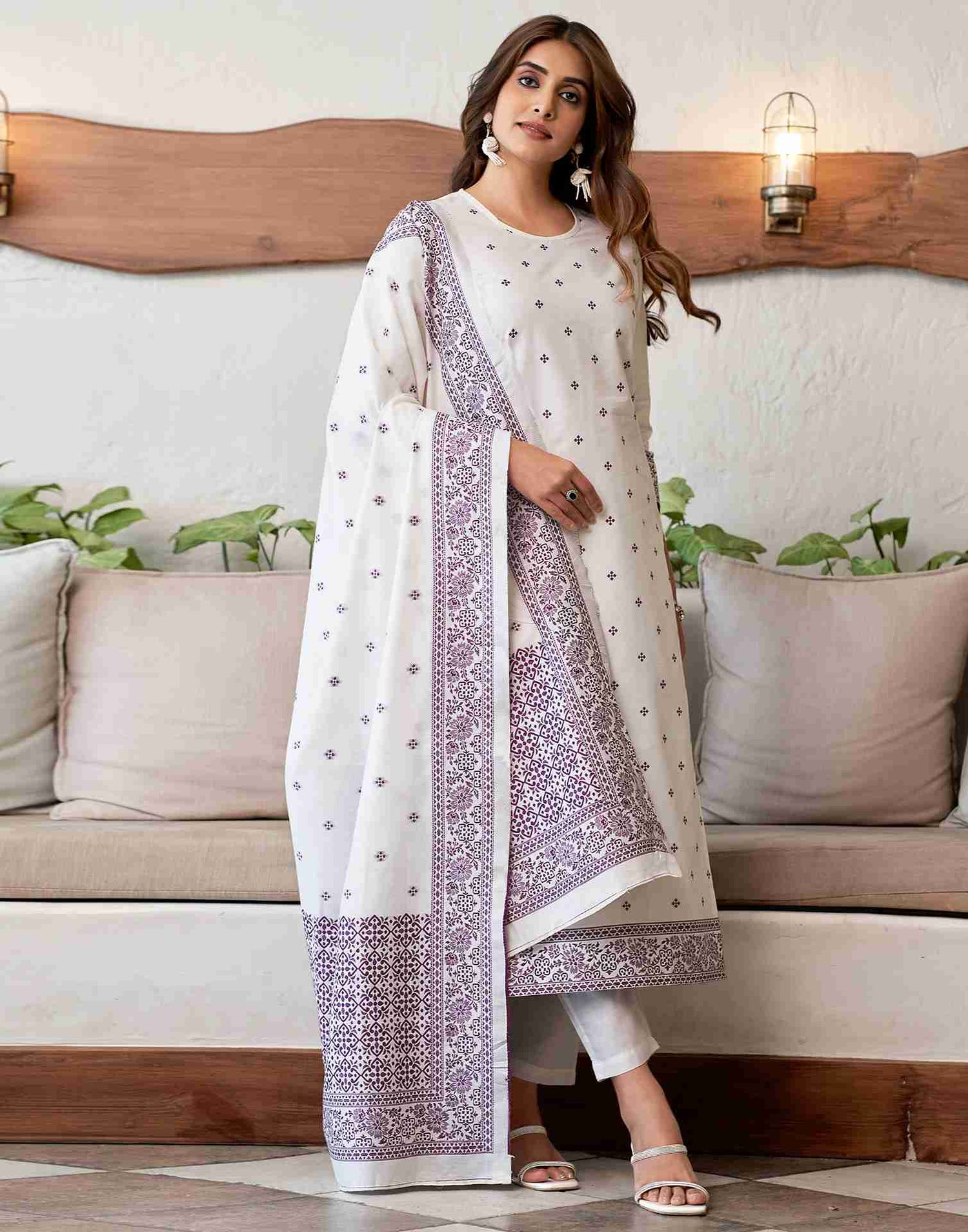 Off White Woven Cotton Straight Kurta Set With Dupatta