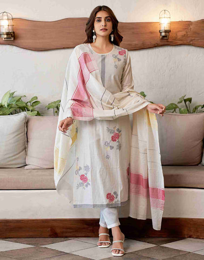 Off White Woven Cotton Straight Kurta Set With Dupatta